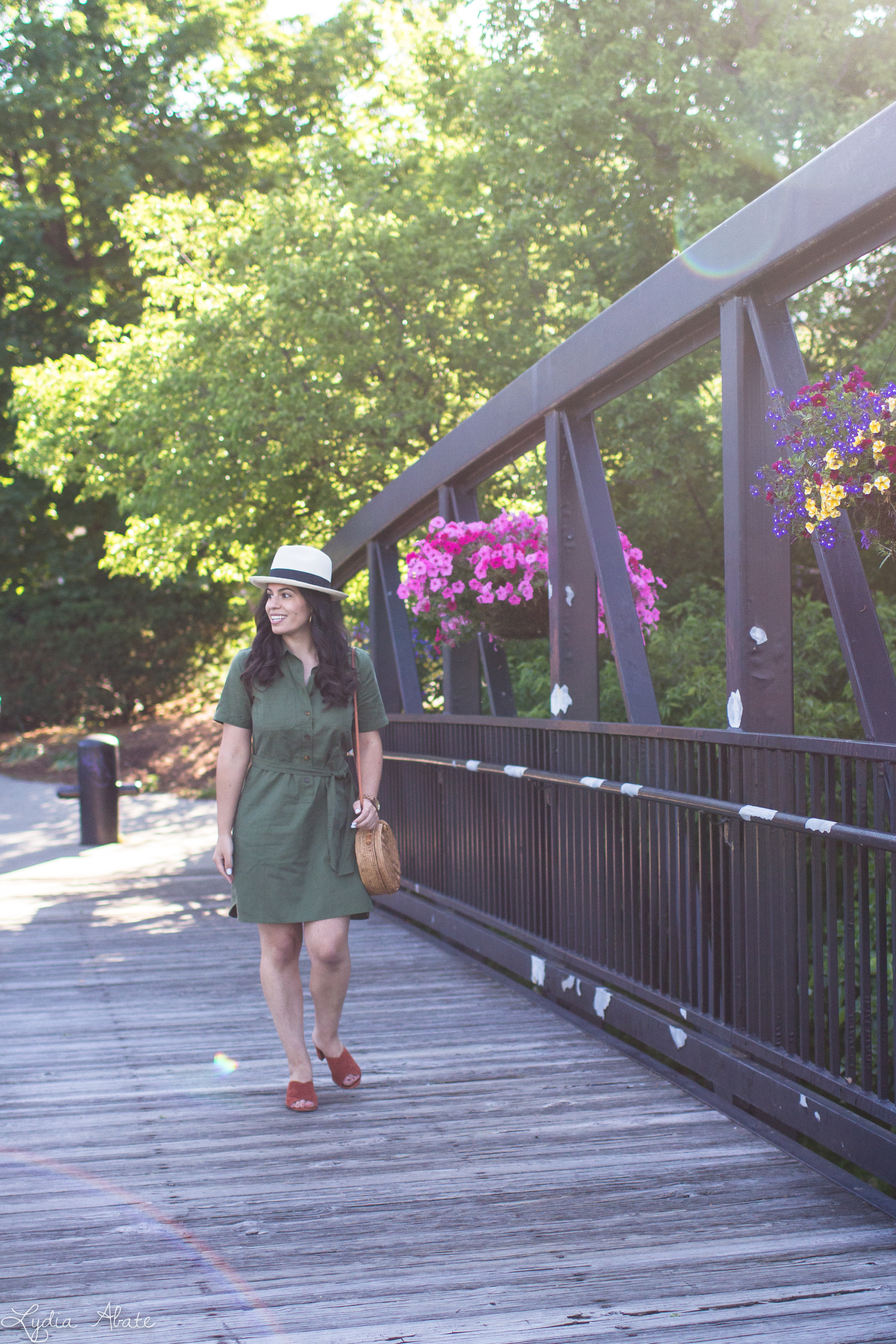 green shirtdress, rust mules, panama hat, round rattan bag-12.jpg