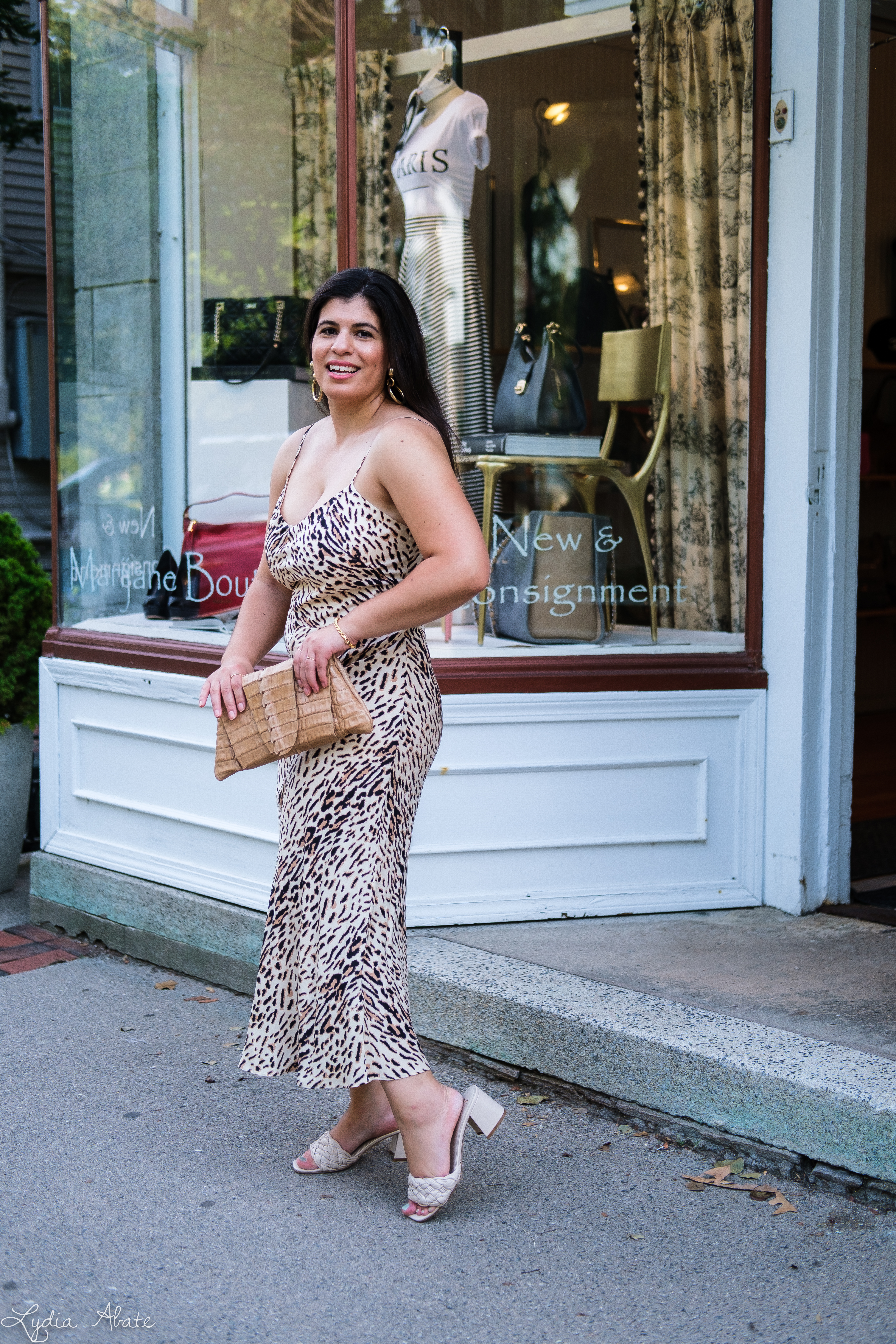 leopard print slip dress, woven slide sandals, Juliette Jake reptile wrap clutch-5.jpg